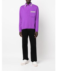 Мужской пурпурный шерстяной свитер с воротником поло в горизонтальную полоску от Palm Angels
