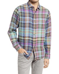 Разноцветная льняная рубашка с длинным рукавом в шотландскую клетку