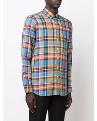 Мужская разноцветная льняная рубашка с длинным рукавом в шотландскую клетку от Etro