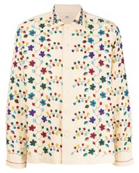 Разноцветная льняная рубашка с длинным рукавом с украшением
