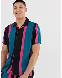 Мужская разноцветная рубашка с коротким рукавом в вертикальную полоску от New Look