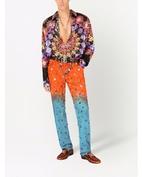 Мужская разноцветная шелковая рубашка с длинным рукавом с принтом от Dolce & Gabbana