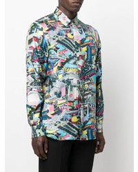 Мужская разноцветная шелковая рубашка с длинным рукавом с принтом от Moschino