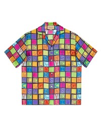 Мужская разноцветная шелковая рубашка с коротким рукавом в клетку от Gucci