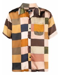 Мужская разноцветная шелковая рубашка с коротким рукавом в клетку от Stussy