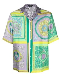 Мужская разноцветная шелковая рубашка с коротким рукавом с принтом от Versace