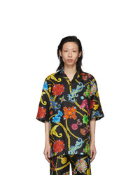 Разноцветная шелковая рубашка с коротким рукавом с цветочным принтом