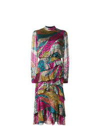Разноцветное платье-миди с принтом от Saloni
