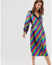 Разноцветное платье с запахом с пайетками от Warehouse