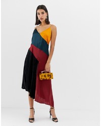 Разноцветное сатиновое платье-комбинация со складками