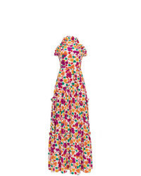 Разноцветное шелковое вечернее платье с цветочным принтом