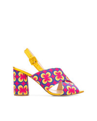 Разноцветные кожаные босоножки на каблуке с цветочным принтом от Lenora