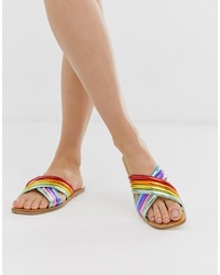 Разноцветные кожаные сандалии на плоской подошве от ASOS DESIGN