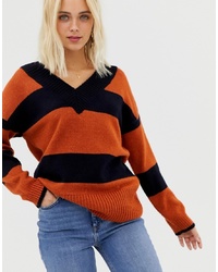 Женский разноцветный свитер с v-образным вырезом в горизонтальную полоску от Miss Selfridge