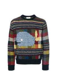 Мужской разноцветный свитер с круглым вырезом в мелкую клетку от Thom Browne