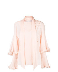 Розовая блузка с длинным рукавом с рюшами