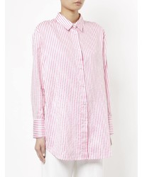 Женская розовая классическая рубашка в вертикальную полоску
