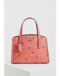 Розовая кожаная большая сумка с цветочным принтом от Coach