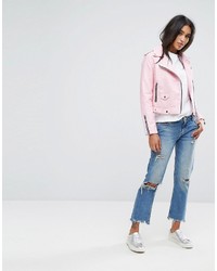 Женская розовая кожаная косуха от Mango