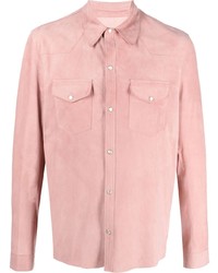 Розовая кожаная рубашка с длинным рукавом