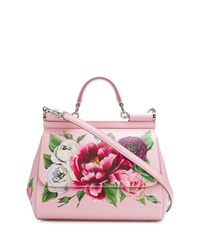 Розовая кожаная сумка-саквояж с цветочным принтом от Dolce & Gabbana