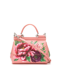 Розовая кожаная сумка-саквояж с цветочным принтом от Dolce & Gabbana