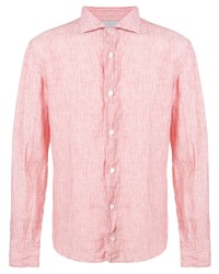 Розовая льняная рубашка с длинным рукавом в вертикальную полоску