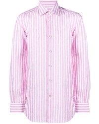 Мужская розовая льняная рубашка с длинным рукавом в вертикальную полоску от Kiton