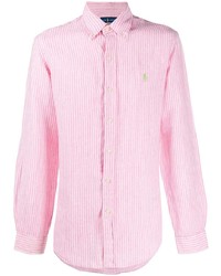 Мужская розовая льняная рубашка с длинным рукавом в вертикальную полоску от Polo Ralph Lauren