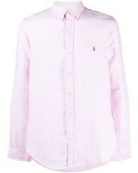 Мужская розовая льняная рубашка с длинным рукавом в вертикальную полоску от Ralph Lauren Collection