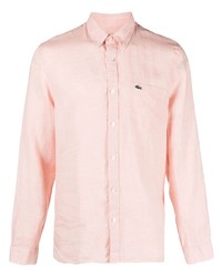 Мужская розовая льняная рубашка с длинным рукавом с вышивкой от Lacoste