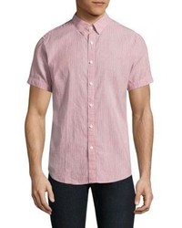 Розовая льняная рубашка с коротким рукавом в вертикальную полоску