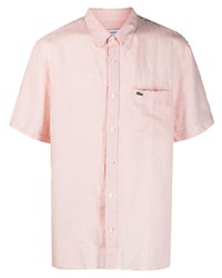 Розовая льняная рубашка с коротким рукавом с вышивкой