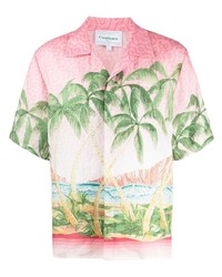Мужская розовая льняная рубашка с коротким рукавом с принтом от Casablanca