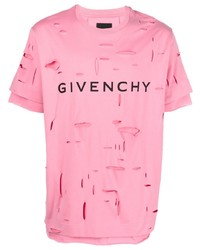 Розовая рваная футболка с круглым вырезом