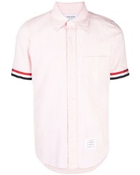 Мужская розовая рубашка с коротким рукавом в вертикальную полоску от Thom Browne