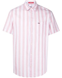 Мужская розовая рубашка с коротким рукавом в вертикальную полоску от Tommy Jeans