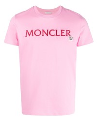 Мужская розовая футболка с круглым вырезом с вышивкой от Moncler