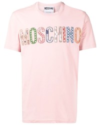 Мужская розовая футболка с круглым вырезом с вышивкой от Moschino