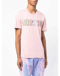 Мужская розовая футболка с круглым вырезом с вышивкой от Moschino