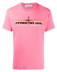 Мужская розовая футболка с круглым вырезом с вышивкой от Stone Island