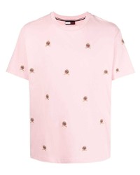Мужская розовая футболка с круглым вырезом с вышивкой от Tommy Hilfiger