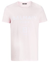 Мужская розовая футболка с круглым вырезом с принтом от Balmain