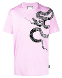 Мужская розовая футболка с круглым вырезом с украшением от Philipp Plein