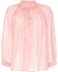 Розовая шелковая блуза на пуговицах с рюшами от Vilshenko