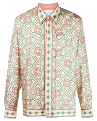 Мужская розовая шелковая рубашка с длинным рукавом с принтом от Casablanca