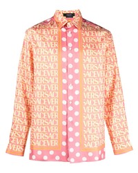 Мужская розовая шелковая рубашка с длинным рукавом с принтом от Versace