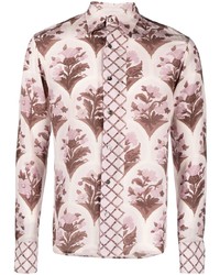 Розовая шелковая рубашка с длинным рукавом с цветочным принтом