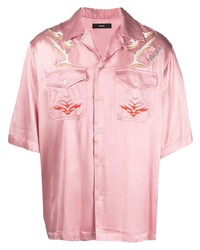 Мужская розовая шелковая рубашка с коротким рукавом с вышивкой от Diesel