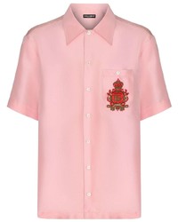 Мужская розовая шелковая рубашка с коротким рукавом с вышивкой от Dolce & Gabbana
